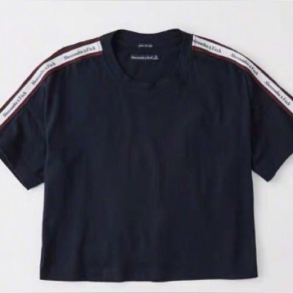 Abercrombie & Fitch Navy Blue Logo Tape Cotton Cropped T-Shirt, Size Small - Picture 4 of 10